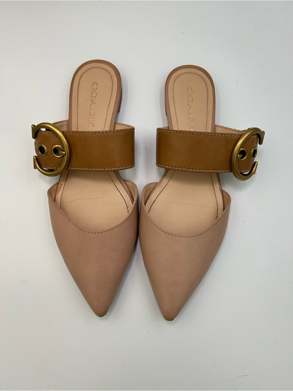 Coach Nude Tan Leather Pointed-Toe Buckle Mule Slide Flats Size 9.5 B